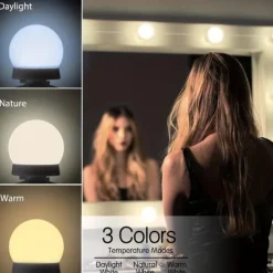 10 Bulbs 3 Colours LED Make Up Mirror Light Bulbs USB Vanity Makeup Mirror Lights Bathroom Dressing Table Lighting Dimmable LED Wall Lamp