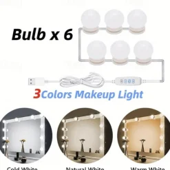 10 Bulbs 3 Colours LED Make Up Mirror Light Bulbs USB Vanity Makeup Mirror Lights Bathroom Dressing Table Lighting Dimmable LED Wall Lamp