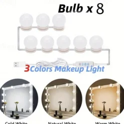10 Bulbs 3 Colours LED Make Up Mirror Light Bulbs USB Vanity Makeup Mirror Lights Bathroom Dressing Table Lighting Dimmable LED Wall Lamp