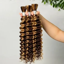 3 Bundles Bulk Hair P4/27 Human Hair Deep Wave Extension Bundle Hair 10-28Inch