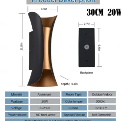 30/40 cm Plus Large Outdoor LED Wall Light 20W / 30W Various Color Temperature Lighting Modern Black Gold Courtyard Wall Lamp Suitable for Terrace Garage Balcony AC85-265V