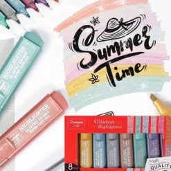 8 Colors Metallic Highlighter Set Oblique Tip Water-Based Shiny Glitter Color Marker Highlight Pen School Office Supplies