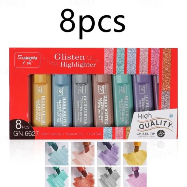 8 Colors Metallic Highlighter Set Oblique Tip Water-Based Shiny Glitter Color Marker Highlight Pen School Office Supplies