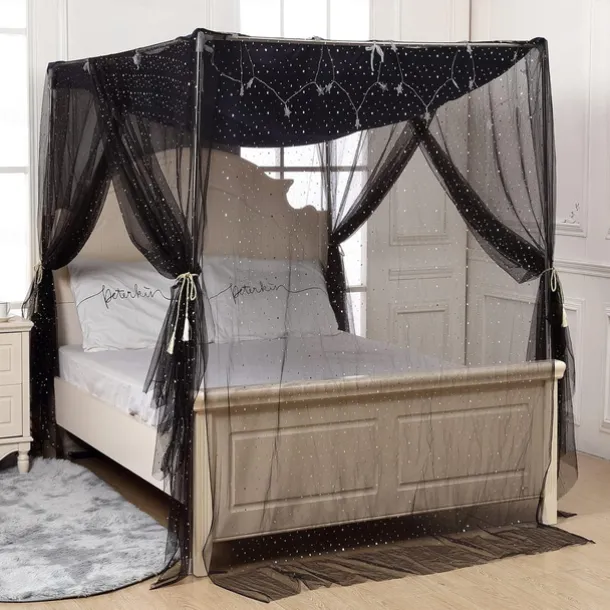 4 Corner Post Mosquito Net with Star-Mooon Pattern for Adult Teen Girls Boys Bed ; Bed Canopy for Twin/Full/Queen/King Size Bed