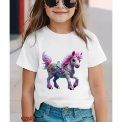 100% Cotton Kids Girls' 1 2 3 Horse T shirt Tee Crew Neck Short Sleeve Outdoor Vacation Daily Classic Casual Print Summer