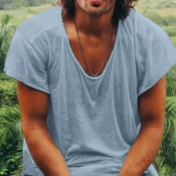 100% Cotton Men's Casual T Shirt Plain Crew Neck Summer Tee Street Holiday Short Sleeve Raw Edges Fashion Casual Comfortable Top Tee