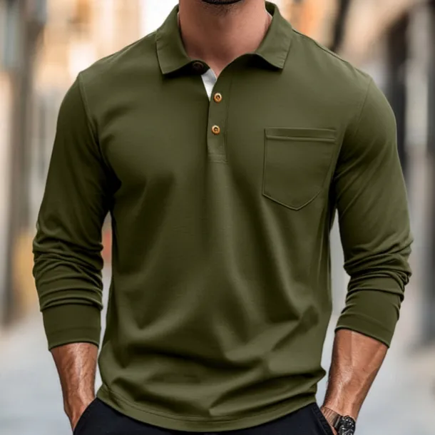 100% Cotton Men's Polo Shirt Golf Polo Formal Work Classic Long Sleeve Color Block Button Summer Spring & Fall Army Green Dark Grey Black Burgundy Navy Blue Polo Shirt