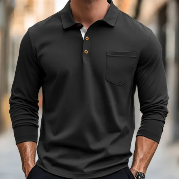 100% Cotton Men's Polo Shirt Golf Polo Formal Work Classic Long Sleeve Color Block Button Summer Spring & Fall Army Green Dark Grey Black Burgundy Navy Blue Polo Shirt