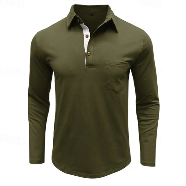 100% Cotton Men's Polo Shirt Golf Polo Formal Work Classic Long Sleeve Color Block Button Summer Spring & Fall Army Green Dark Grey Black Burgundy Navy Blue Polo Shirt