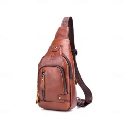 2023 cowhide Leather Casual Fashion Crossbody Chest Bag men's leather bag USB Charging Travel Shoulder Bag Daypack Male