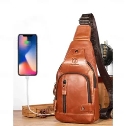 2023 cowhide Leather Casual Fashion Crossbody Chest Bag men's leather bag USB Charging Travel Shoulder Bag Daypack Male