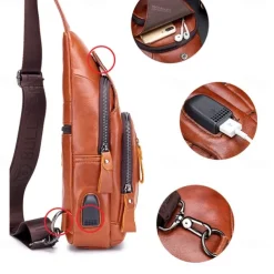 2023 cowhide Leather Casual Fashion Crossbody Chest Bag men's leather bag USB Charging Travel Shoulder Bag Daypack Male