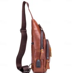 2023 cowhide Leather Casual Fashion Crossbody Chest Bag men's leather bag USB Charging Travel Shoulder Bag Daypack Male