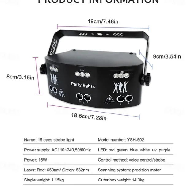 15 Eyes RGB Dj Disco Party Light Indoor Strobe Stage Lighting Effect LED Projector by DMX512 Control and Sound Activated Ravelight for Home Birthday Parties Karaoke KTV