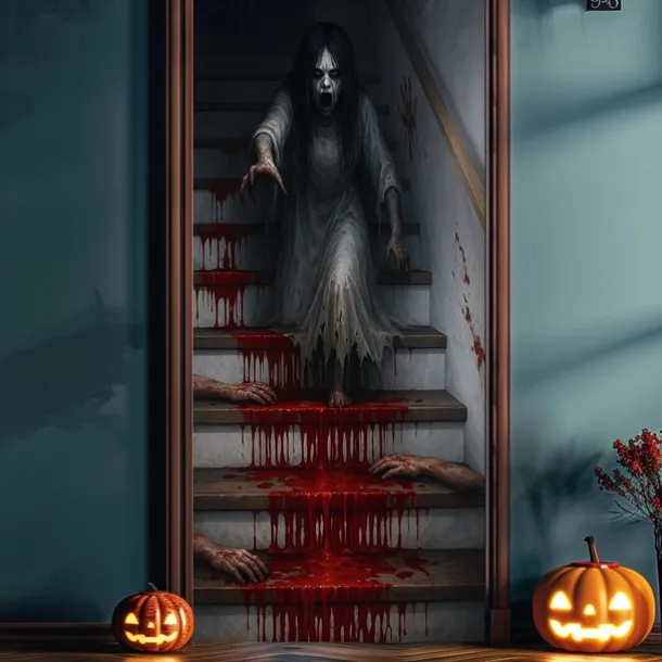 2025 Halloween Door Cover – Bloody Stairs Horror Scene, Haunted House Entrance Banner, Gruesome Outdoor & Indoor 2025 Halloween Decoration for Bedroom, Living Room, Bathroom