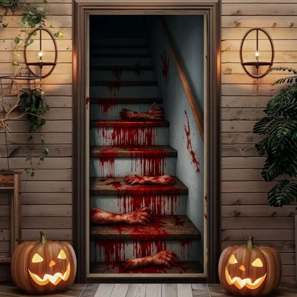 2025 Halloween Door Cover – Bloody Stairs Horror Scene, Haunted House Entrance Banner, Gruesome Outdoor & Indoor 2025 Halloween Decoration for Bedroom, Living Room, Bathroom