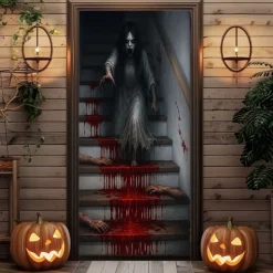 2025 Halloween Door Cover – Bloody Stairs Horror Scene, Haunted House Entrance Banner, Gruesome Outdoor & Indoor 2025 Halloween Decoration for Bedroom, Living Room, Bathroom
