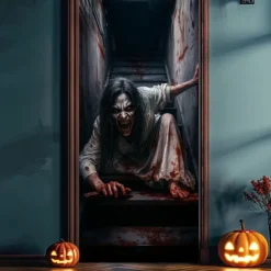 2025 Halloween Door Cover – Bloody Stairs Horror Scene, Haunted House Entrance Banner, Gruesome Outdoor & Indoor 2025 Halloween Decoration for Bedroom, Living Room, Bathroom