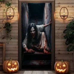 2025 Halloween Door Cover – Bloody Stairs Horror Scene, Haunted House Entrance Banner, Gruesome Outdoor & Indoor 2025 Halloween Decoration for Bedroom, Living Room, Bathroom