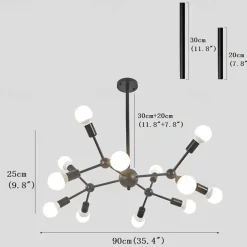 12 Heads 90cm Chandelier Sputnik Light Nordic Gold Black Painted Finishes Cluster Design Metal Ceiling Light for Living Room Bulb not Included 60W