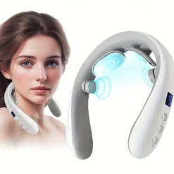 4 Heads Smart Electric Pulse Neck Massager With Heat Cordless & Portable Cervical Vertebra Relaxing Pain Kneading Massage Machine 10 Modes 16 Levels TENS & Dual Motor Vibration
