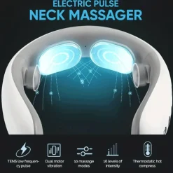4 Heads Smart Electric Pulse Neck Massager With Heat Cordless & Portable Cervical Vertebra Relaxing Pain Kneading Massage Machine 10 Modes 16 Levels TENS & Dual Motor Vibration