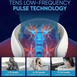 4 Heads Smart Electric Pulse Neck Massager With Heat Cordless & Portable Cervical Vertebra Relaxing Pain Kneading Massage Machine 10 Modes 16 Levels TENS & Dual Motor Vibration