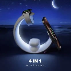 2024 Hottest Multi-function 4 In 1 Night Light Wireless Charger For iPhone Airpods iWatch Moon Shape Magnetic Wireless Charger