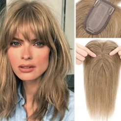 100% Human Hair Extensions 120% Density Silk Base Top Hairpiece Clip In On Hair Topper With Bangs For Women Hand-made Top Hair Piece Middle Part With Thinning Hair #27 Dark Blonde
