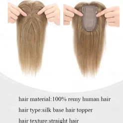 100% Human Hair Extensions 120% Density Silk Base Top Hairpiece Clip In On Hair Topper With Bangs For Women Hand-made Top Hair Piece Middle Part With Thinning Hair #27 Dark Blonde