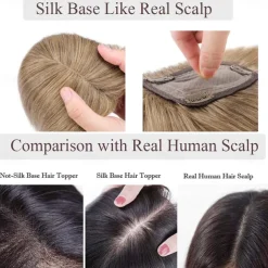 100% Human Hair Extensions 120% Density Silk Base Top Hairpiece Clip In On Hair Topper With Bangs For Women Hand-made Top Hair Piece Middle Part With Thinning Hair #27 Dark Blonde