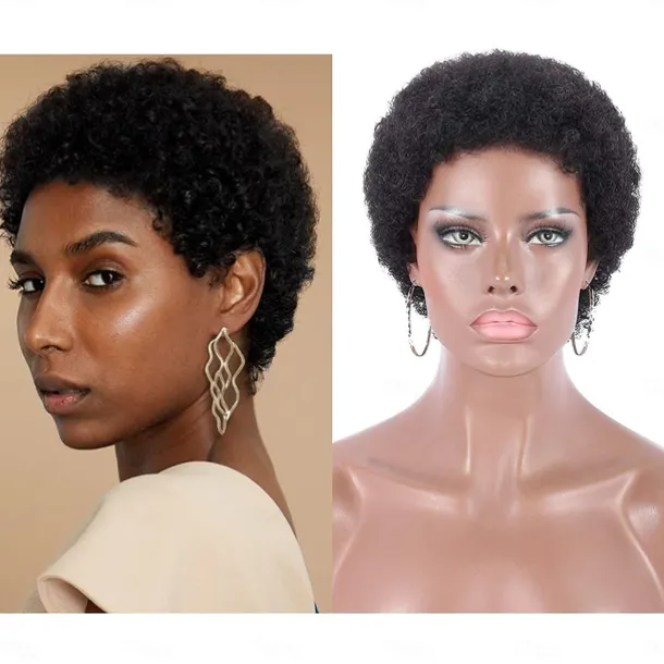 100% Human Hair Short Black Afro Kinky Curly Wigs for Women 130% Natural Color Full Machine Made Hair Human Hair Capless Wigs None Lace Wigs 4 Inch