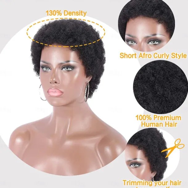 100% Human Hair Short Black Afro Kinky Curly Wigs for Women 130% Natural Color Full Machine Made Hair Human Hair Capless Wigs None Lace Wigs 4 Inch