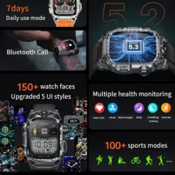 696 i121 Smart Watch 2.01 inch Smart Band Fitness Bracelet Bluetooth Pedometer Call Reminder Sleep Tracker Compatible with Android iOS Men Hands-Free Calls Message Reminder IPX-0 46mm Watch Case