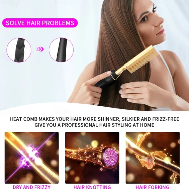2 in 1 Hot Comb Hair Straightener Flat Irons Straightening Wet Dry Dual Use Brush Electric Heating Comb Hair Straight Styler Hair Curler