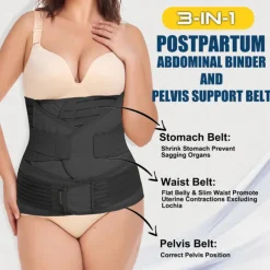 3 in 1 Postpartum Belly Wrap - Recovery Belly/Waist/Pelvis Belt Black Postpartum Belly Band