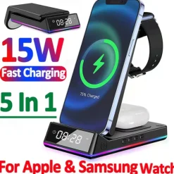 5 In 1 15W Foldable Wireless Charger Stand RGB Dock LED Clock Fast Charging Station for iPhone Samsung Galaxy Watch 5/4 S22 S21