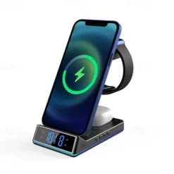 5 In 1 15W Foldable Wireless Charger Stand RGB Dock LED Clock Fast Charging Station for iPhone Samsung Galaxy Watch 5/4 S22 S21