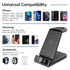 5 In 1 15W Foldable Wireless Charger Stand RGB Dock LED Clock Fast Charging Station for iPhone Samsung Galaxy Watch 5/4 S22 S21