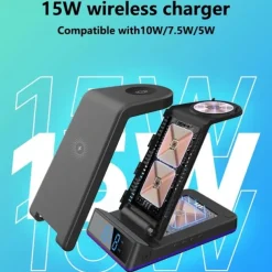 5 In 1 15W Foldable Wireless Charger Stand RGB Dock LED Clock Fast Charging Station for iPhone Samsung Galaxy Watch 5/4 S22 S21