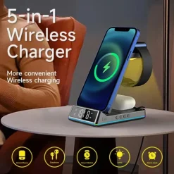 5 In 1 15W Foldable Wireless Charger Stand RGB Dock LED Clock Fast Charging Station for iPhone Samsung Galaxy Watch 5/4 S22 S21