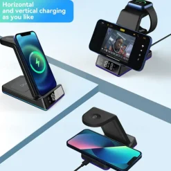 5 In 1 15W Foldable Wireless Charger Stand RGB Dock LED Clock Fast Charging Station for iPhone Samsung Galaxy Watch 5/4 S22 S21