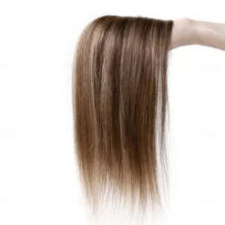 6 Inch 100% Remy Human Hair Silk Base Top Hairpiece for Women Clip in Topper Hand-made Top Toppee Hair piece 120% Density Middle Part with Thinning Hair #4P27 Medium Brown&Dark Blonde 27g