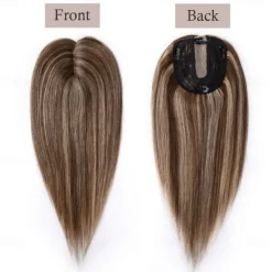 6 Inch 100% Remy Human Hair Silk Base Top Hairpiece for Women Clip in Topper Hand-made Top Toppee Hair piece 120% Density Middle Part with Thinning Hair #4P27 Medium Brown&Dark Blonde 27g