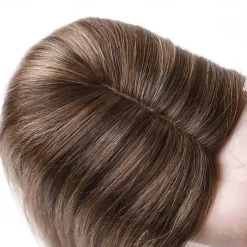 6 Inch 100% Remy Human Hair Silk Base Top Hairpiece for Women Clip in Topper Hand-made Top Toppee Hair piece 120% Density Middle Part with Thinning Hair #4P27 Medium Brown&Dark Blonde 27g