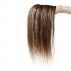 6 Inch 100% Remy Human Hair Silk Base Top Hairpiece for Women Clip in Topper Hand-made Top Toppee Hair piece 120% Density Middle Part with Thinning Hair #4P27 Medium Brown&Dark Blonde 27g
