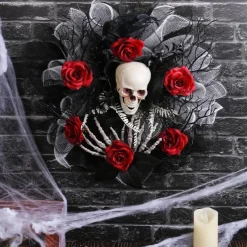 15 Inch Halloween Wreath, Red Rose Skull Mesh Wreath for Indoor Wall and Front Door, Wall & Door Hanging Decoration, Home Party Decor