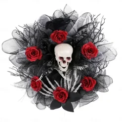 15 Inch Halloween Wreath, Red Rose Skull Mesh Wreath for Indoor Wall and Front Door, Wall & Door Hanging Decoration, Home Party Decor