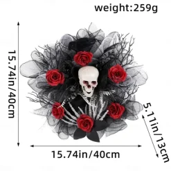 15 Inch Halloween Wreath, Red Rose Skull Mesh Wreath for Indoor Wall and Front Door, Wall & Door Hanging Decoration, Home Party Decor