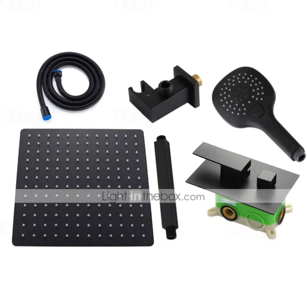 16 Inch Matte Black Shower Faucets Set, Rainfall Concealed Shower System Solid Brass with 3-Function Handheld, Handshower Ceiling Mounted Combo Set Shower Faucet with Valve Body and Trim